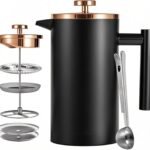 Black French Press Stainless Steel 34oz, Double Wall Insulated Coffee Press 1L for travel camping with 2 Extra Filter Screens and 1 Coffee Spoon（8cup 1000ml）