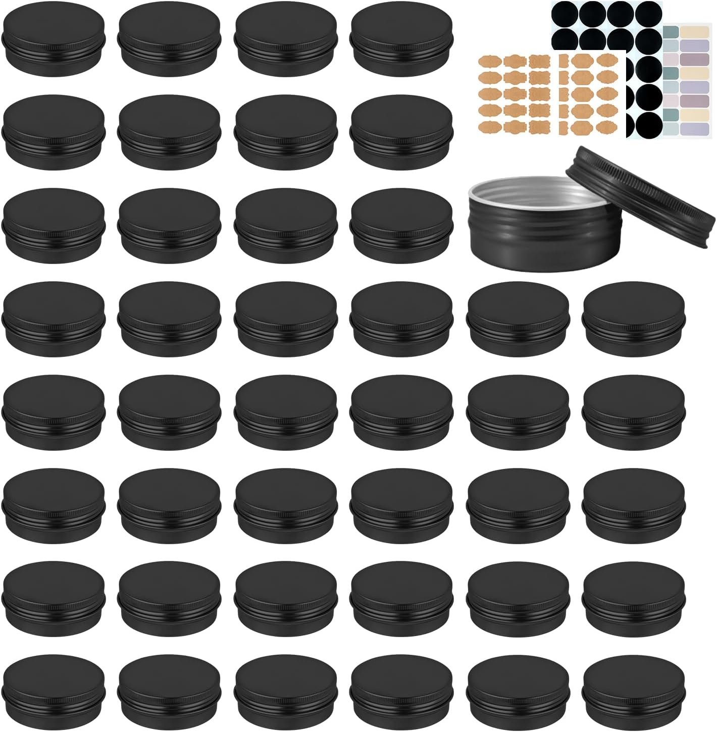 71Ah79URIHL._AC_SL1500_ YQ 60 Pack 2oz Tins with Lids, Round Metal Tin Cans for Balm, Salve, Lotion