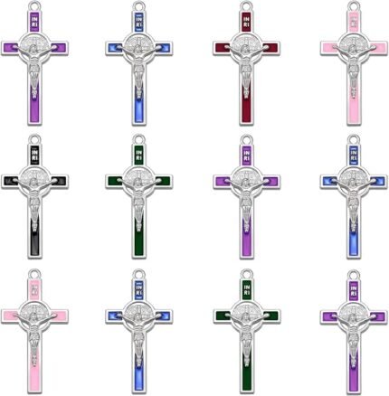 30Pcs 6Colors Rosary Making Supplies Silver Alloy Enamel Saint Benedict Cross Charms Pendant for Diy Prayer Necklace Catholic Jewelry