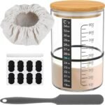 Sourdough Starter Jar Kit,900ml Sourdough Starter Container Clear Glass Sourdough Starter Cup Wide Mouth with Wooden Lid Thermometer Strip Spatula Rubber Band Cloth Cover Lable Pen for Bread Baking