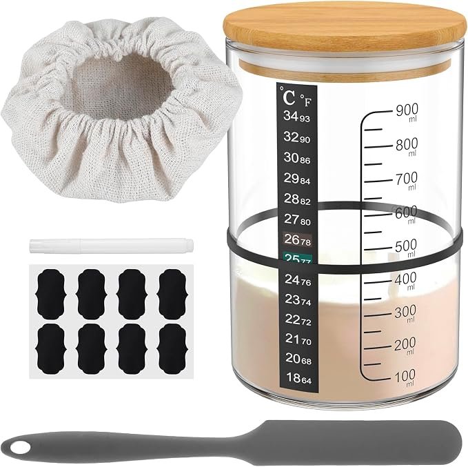 71ONzBjbaNL._AC_SX679_ Sourdough Starter Jar Kit,900ml Sourdough Starter Container Clear Glass Sourdough Starter Cup Wide Mouth with Wooden Lid Thermometer Strip Spatula Rubber Band Cloth Cover Lable Pen for Bread Baking - Image 1
