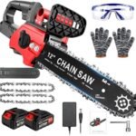 4000mAh Cordless Chainsaw, 12 inch Electric Cordless Chainsaw Portable with Brushless Motor for Cutting Branches, Trees, DIY Projects Gardening, Forests (Red)