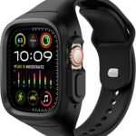 SURITCH Sport Band for Apple Watch Ultra 4/3/2/1 Case with Band 49mm, Soft Silicone Shockproof Rugged Protective Replacement Strap with Case for Women Men, Black