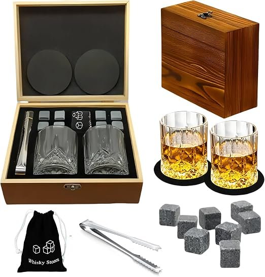 71gwGqRkX5L._AC_SX522_ (1) Whisky Glass Gift Set, with 2 Whiskey Glass Cups 8 Chilling Whiskey Stones, Wooden Box and Slate Coasters, Birthday Gifts for Men, Dad, Husband, Valentine's Day, Father's Day - Image 1