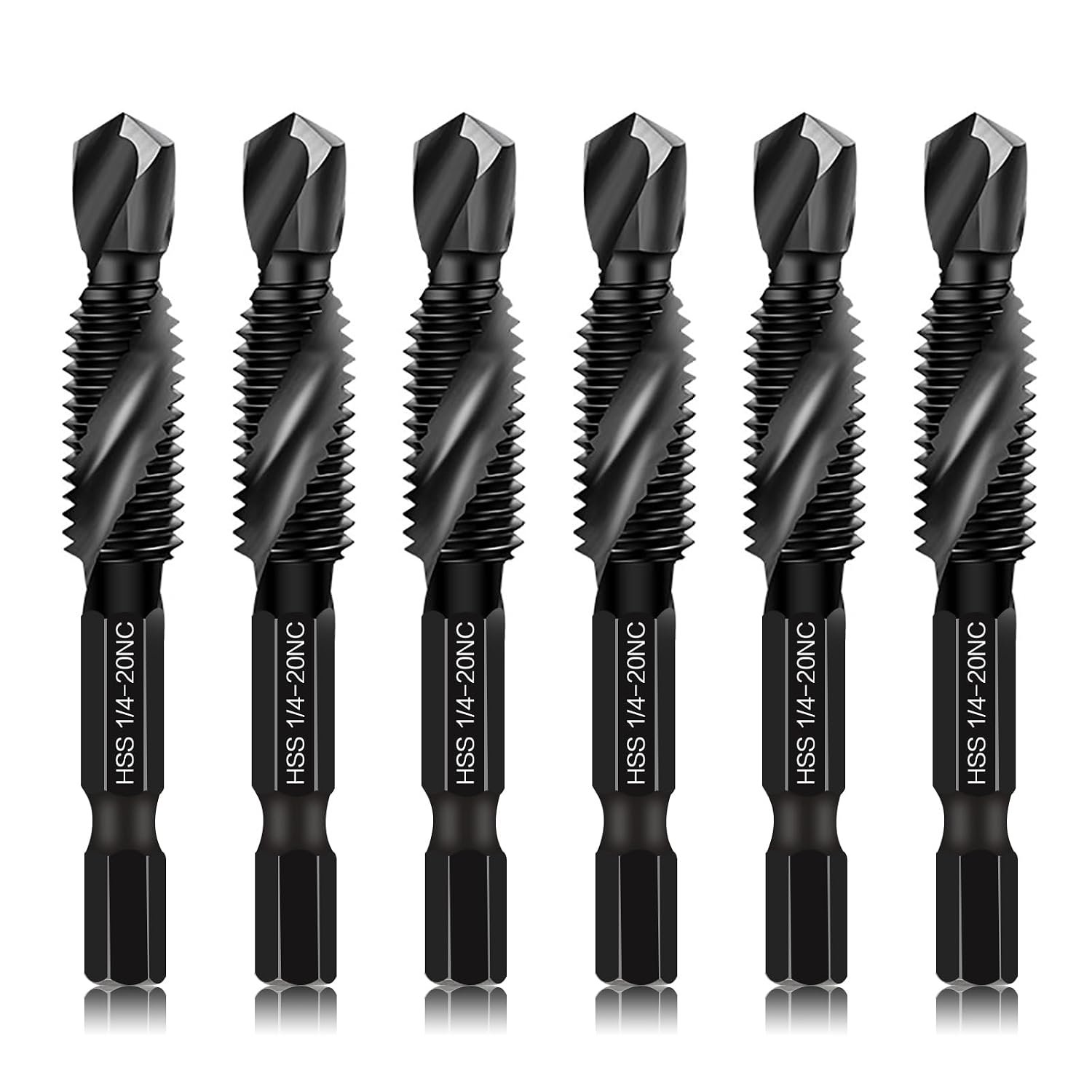 71qfJweWoEL._SL1500_ 6-Piece 1/4-20NC Combination Drill Tap Bit Set SAE, Made of High-Speed Steel with Anti-Rust Blackened Coating, Ideal for Soft Metal, Wood & Plastic,...