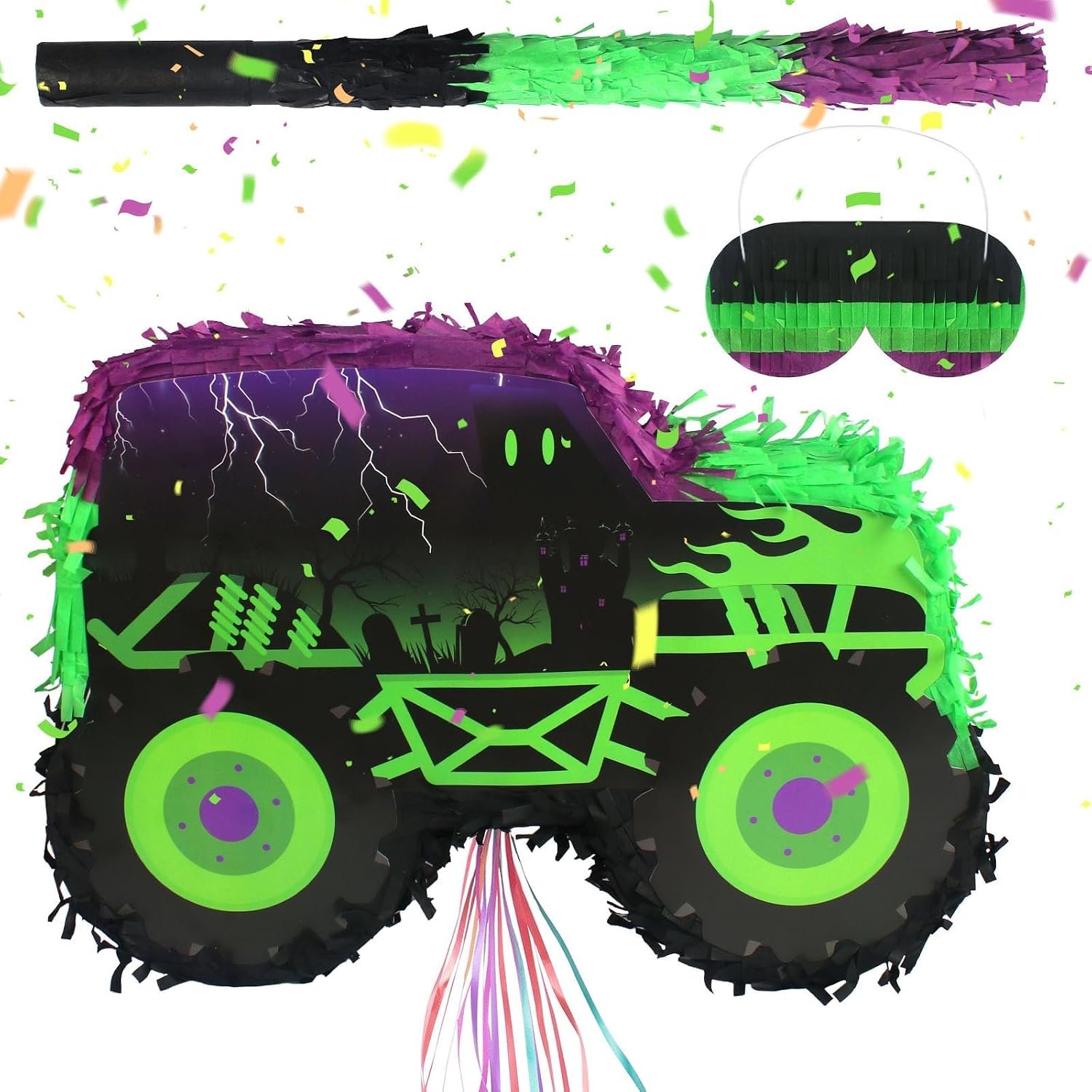 71xtpGtAhqL._AC_SL1500_ Truck Piñata - Monster Truck Piñata Bundle with Blindfold and Bat for Piñata Theme Party Decoration Supplies Cool Car Piñata for Birthday Party Carnival Celebration Game (Truck Car)
