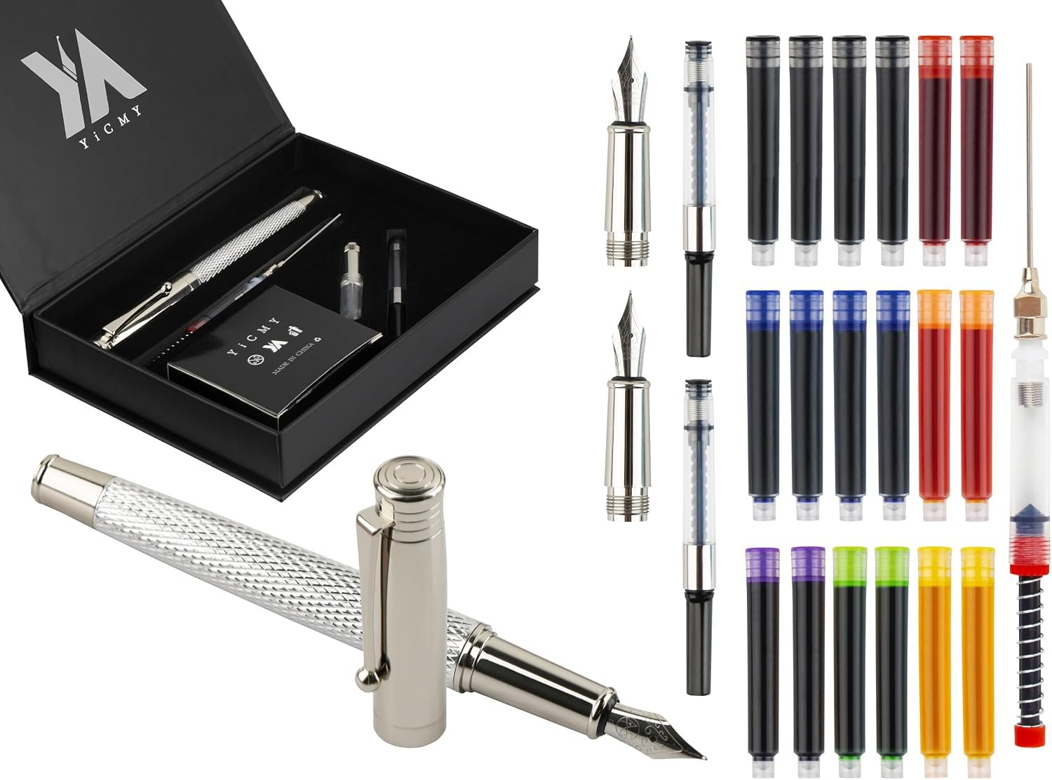 810C6IL-Q1L._AC_SL1500_ Fancy Fountain Pen Set – Fine & Medium Nibs, Includes 18 Ink Cartridges, Ink Converter, Syringe Filler, Luxury Gift for Writing, Journaling & Calligraphy,Silvery