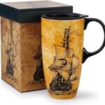 Topadorn 17oz Ceramic Travel Mug with Lid, Vintage Sailing Ship Coffee Mug