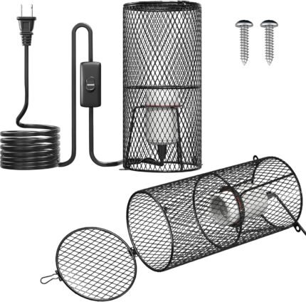 2Pack Reptile Heat Lamp Guard with 150W E26 Ceramic Lamp Holder,Anti Scald Mesh Cage Reptile Light Fixture with ON/Off Button for Reptile Lizard Snake Chick-Heat Bulb Not Included