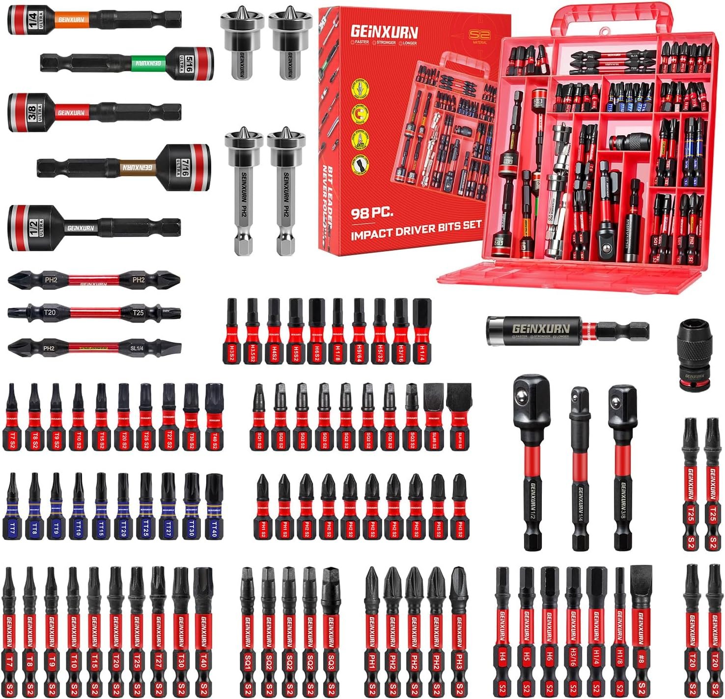 81brkoIZkZL._AC_SL1500_ Geinxurn 98Pieces 1”/2” Impact Screwdriver Bits Set, Magnetic S2 Steel (Phillips/Slotted/Square/Torx/Hex/Security Torx) Driver Bits Tips,Impact Bit Holder and Nut Driver with Red Storage Box Case