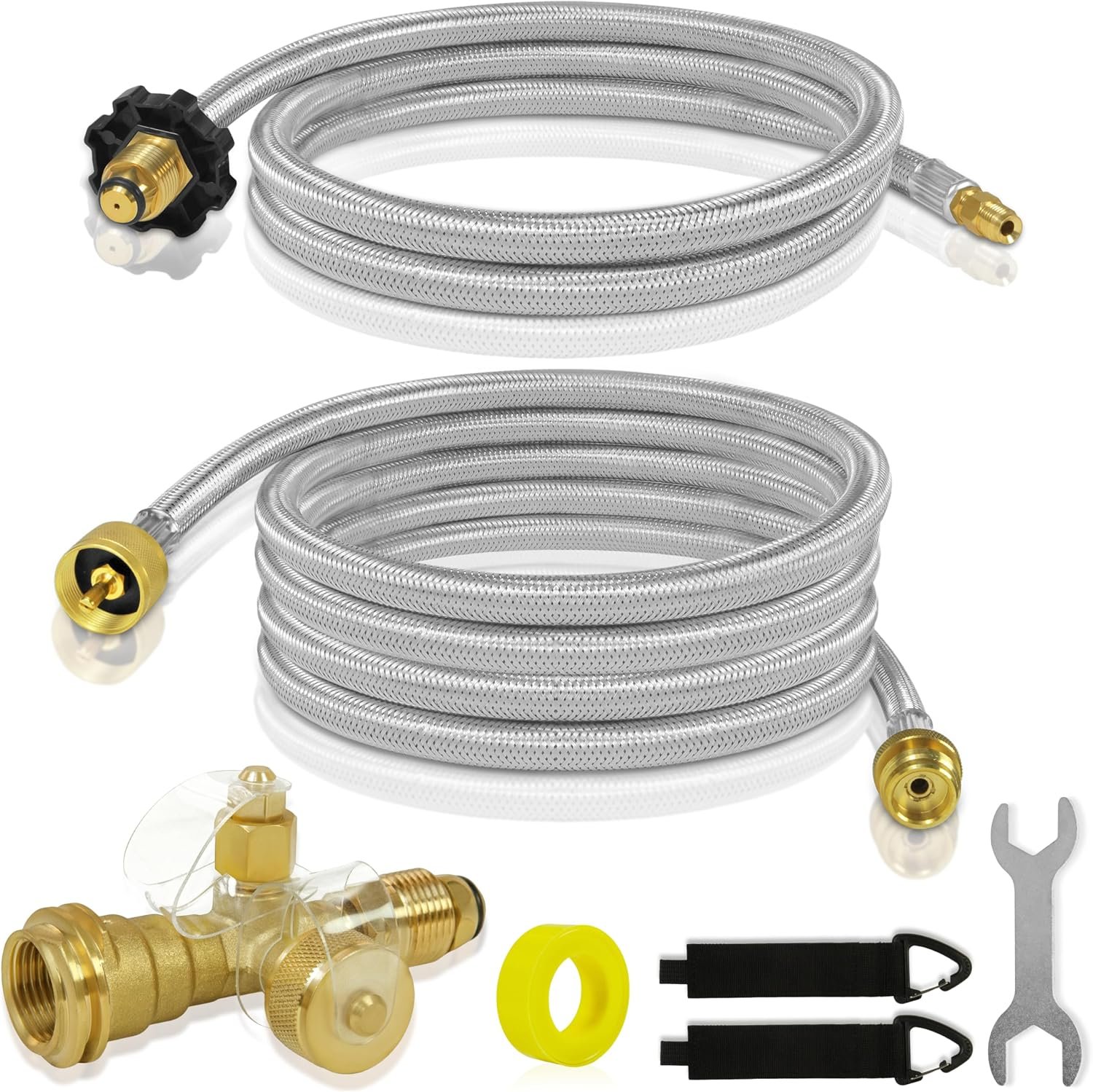 81zTZa9rB8L._AC_SL1500_ Extend A Stay RV Propane Kit, Propane Brass Tee 4 Port Adapter Kit with 5ft & 12FT Stainless Braided Hoses for Motorhomes Camping, Connecting Auxiliary Propane Cylinders to Appliances