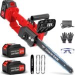 Electric Chainsaw Cordless 12-inch, Handheld Chain Saws with 2 x4000mAh Battery, Tree Saw with Tool-free Chain Tension, Auto Oiling for Wood Cutting Trimming Branch (Red)